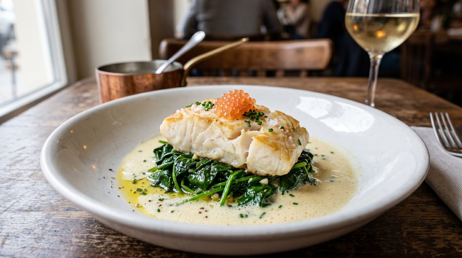 Kabeljau auf Blattspinat mit Beurre blanc